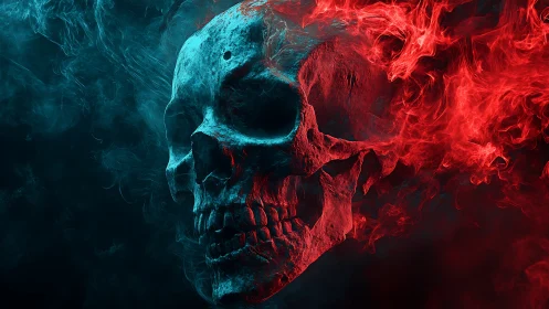 Human skull render is enveloped by blue and red volumetric smoke