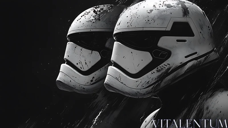 Twin battle helmets adrift in splattered galactic dusk.