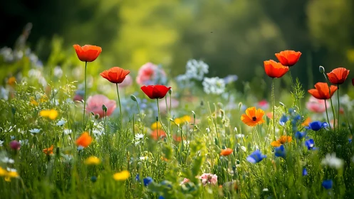 Vibrant Wildflower Meadow with Red Poppies and Mixed Blooms.