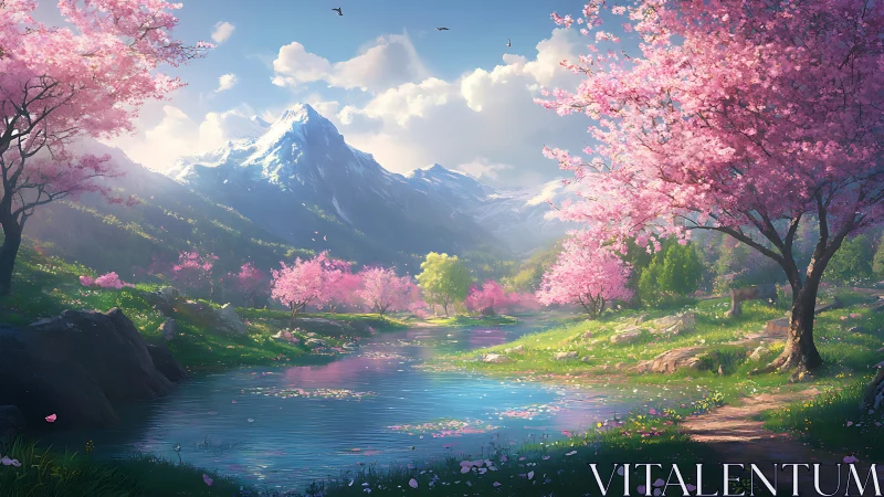 Springtime river under blossom trees and snowcapped peaks.