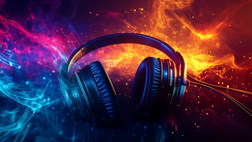 Studio headphones with neon fire and ice light trails embracing
