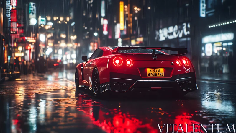Red sports car waits in neon city street during heavy rain