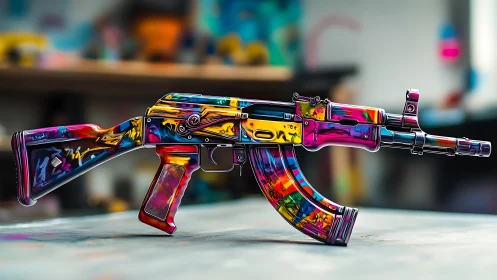 Neon-splashed assault rifle rendered in hyperreal colors.