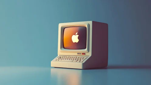 Retro beige computer displays glowing fruit logo on screen