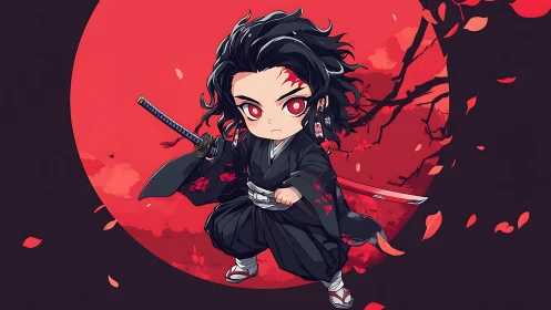 Chibi swordsman in black kimono before red circular moon.