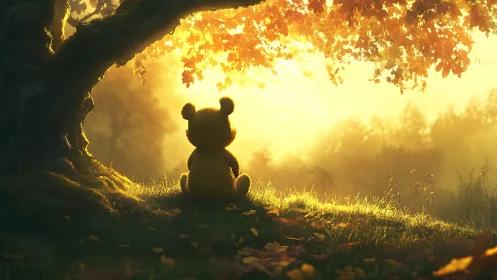 Soft bear silhouette lingers beneath autumn’s glowing canopy