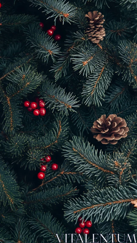 Evergreen pine branches cradle red berries and rustic cones