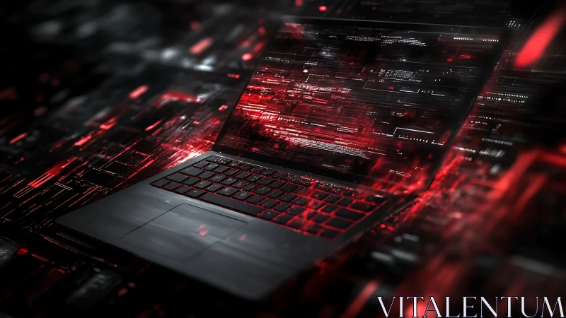 Cybernetic laptop amid cascading red data stream matrix.