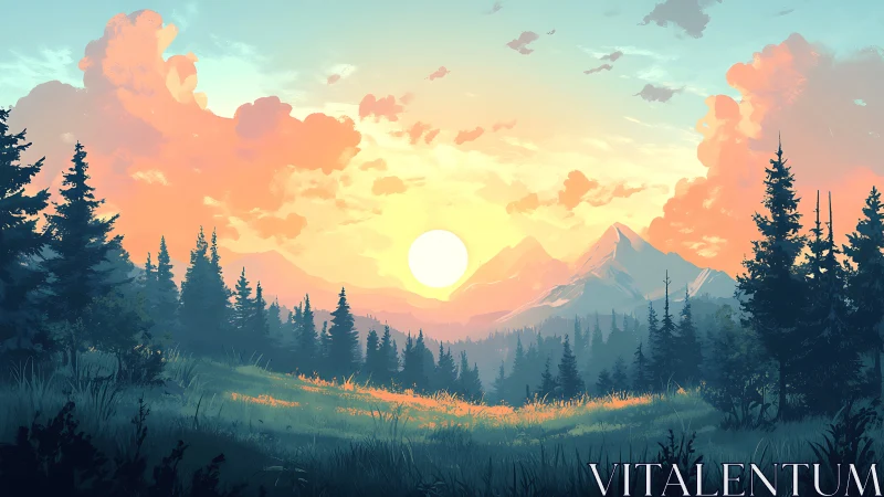 Sunlit alpine meadow glows beneath vivid pastel sunrise.