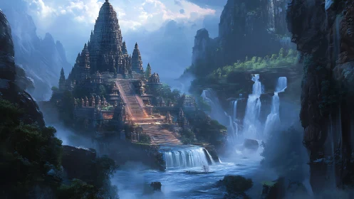 Cascade temple citadel among blue-misted mountain waterfalls.