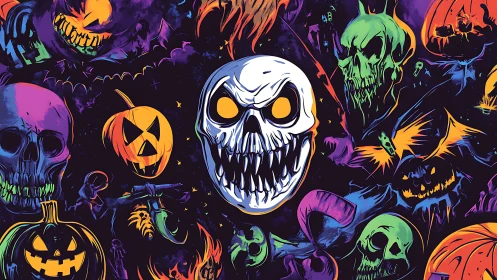 Chromatic Halloween skull swarm with neon spectral jack-o-lanterns.