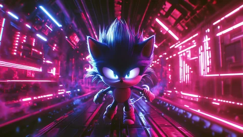 Neon-lit cyber runner charges through glowing tunnel.