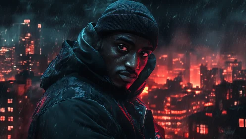Brooding man in rainlit neon cityscape radiates urban tension