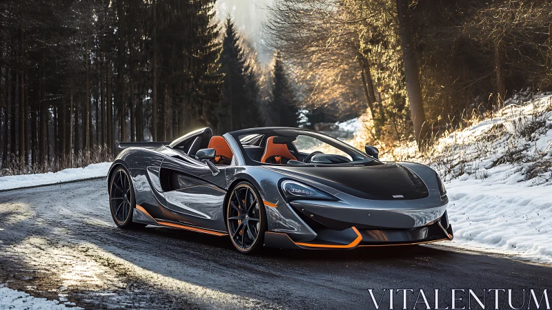 Carbon-fiber supercar on winter forest road, sunset gloss.