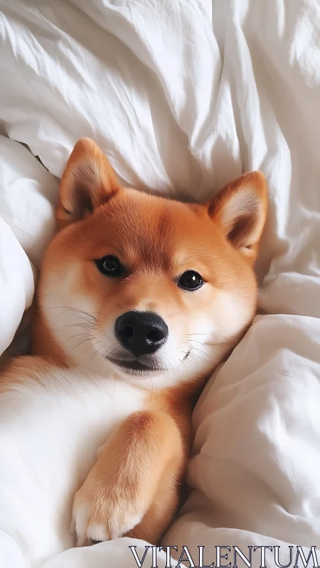 Cozy shiba inu snuggles into soft white blankets and relaxes