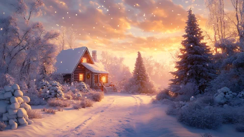 Snowlit cabin dreams beneath a glowing winter sunrise sky.