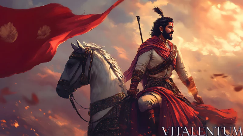 Warrior on white warhorse surveys battlefield in warm dusk light