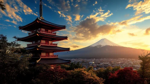 Peaceful pagoda sunset embracing distant snow peaked mountain.