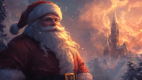 Santa’s twilight watch beside a glowing winter castle.