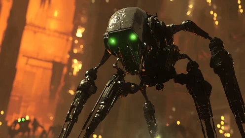 Quadrapedal recon drone with luminous optics in furnace city.