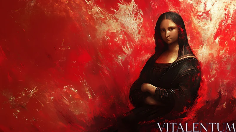 Portrait figure set against highly textured red abstract field