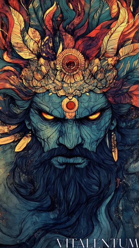 Mythic fire-crowned deity portrait in intricate digital linework.