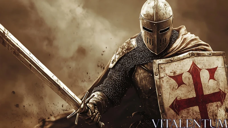 Crusader knight in battered plate armor with sword raised.