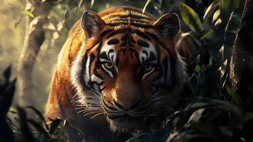 Predatory tiger advances through volumetric jungle light and foliage