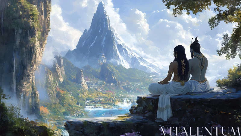 Divine couple overlooking mythic mountain valley landscape.