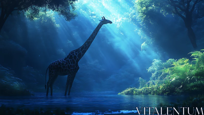Giraffe stands dreaming in misty, moonlit jungle waters