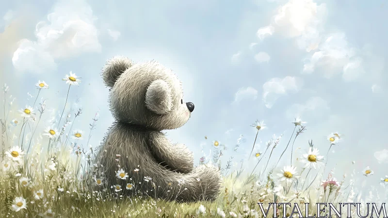 Digital painting of teddy bear in sunlit wildflower meadow.