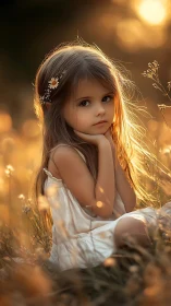 Young girl in white dress with flower crown at golden hour