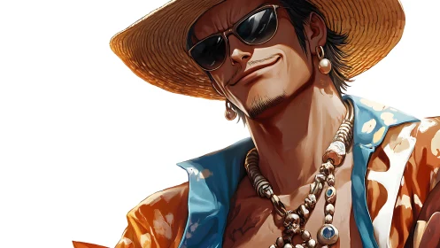 Stylish beach rogue in straw hat and layered jewelry portrait.