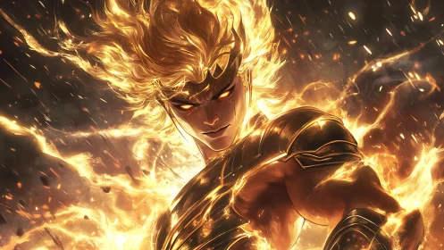 Flaming warrior demigod wreathed in molten golden fire.