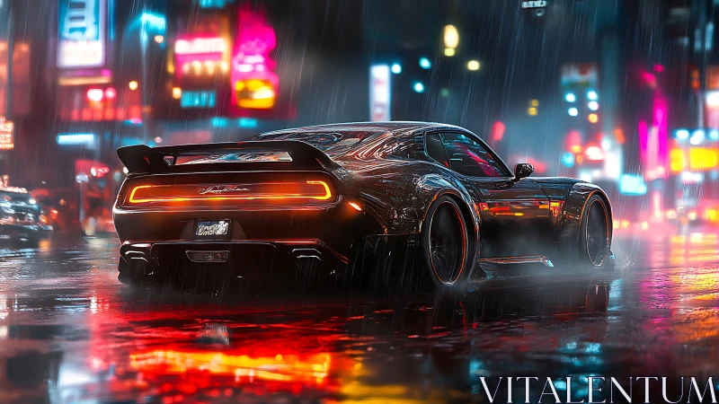 Neon rain racer prowls through electric midnight streets.
