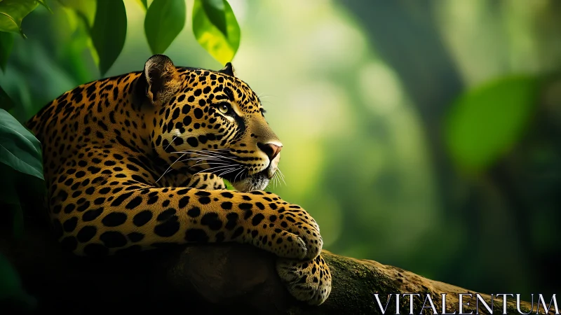 High-detail jaguar portrait resting on branch in soft jungle bokeh
