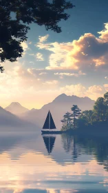 Sailboat on reflective lake with distant mountain range at dawn.
