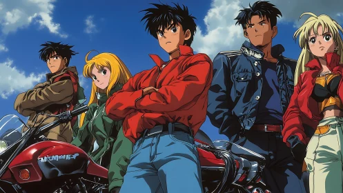 Rebel riders stand united beneath a vast blue sky.