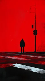 High-contrast silhouette at crosswalk under minimal traffic signal