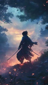 Lone samurai confronts a stormy dusk battlefield in rain.