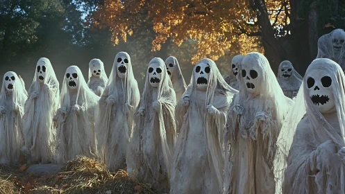 Row of hooded ghost figures stands in outdoor autumn setting
