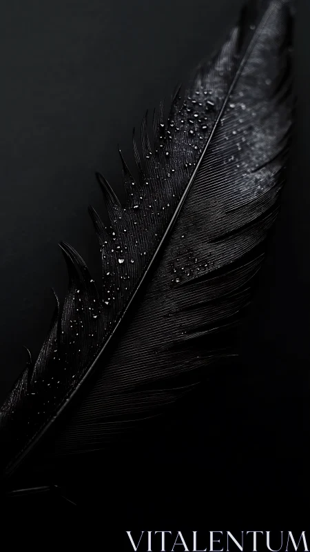 Macro view of dark feather with water droplets on surface.