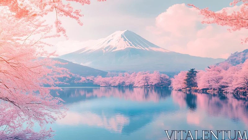 Mount Fuji and lake with pink cherry blossoms in bloom.