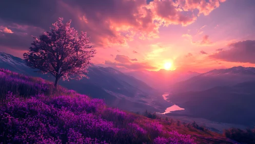 Lavender hillsides drift into a molten pink twilight river