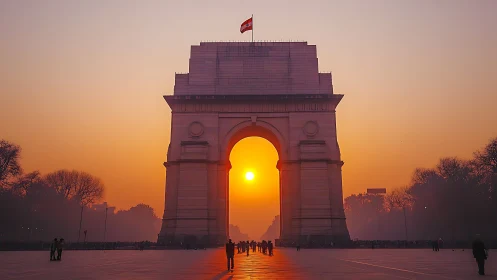 Sun-aligned war memorial arch in atmospheric urban haze.