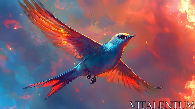Blue bird in flight against vivid orange clouded sky.
