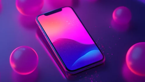 Modern smartphone on neon surface with glowing spheres, digital art.