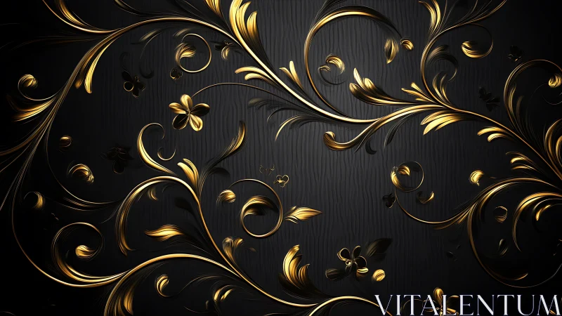 Golden floral swirls dancing across deep charcoal night.