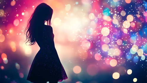 Silhouette of woman against colorful bokeh lights.