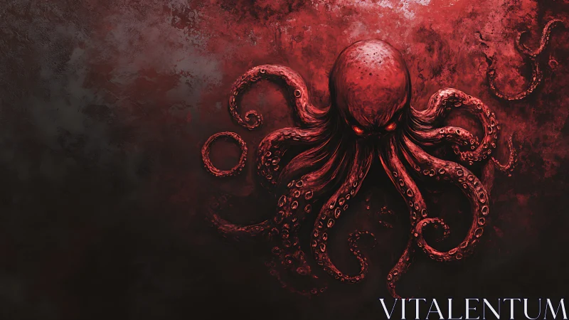 Blood-red eldritch octopus emerges from a shadowed abyssic void